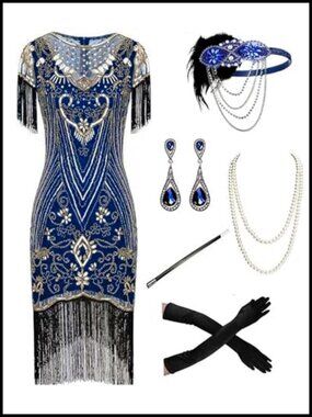 Plus Size 1920s Vintage Sequin Beaded Fringe Flapper Cocktail Prom Dress